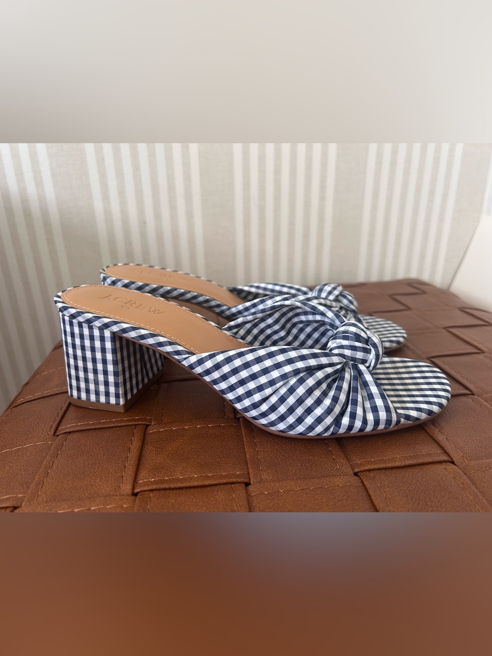 J.Crew Knotted Block-Heel Mule Sandals Gingham Navy/White Fabric Women’s Size 7 - Picture 3 of 11